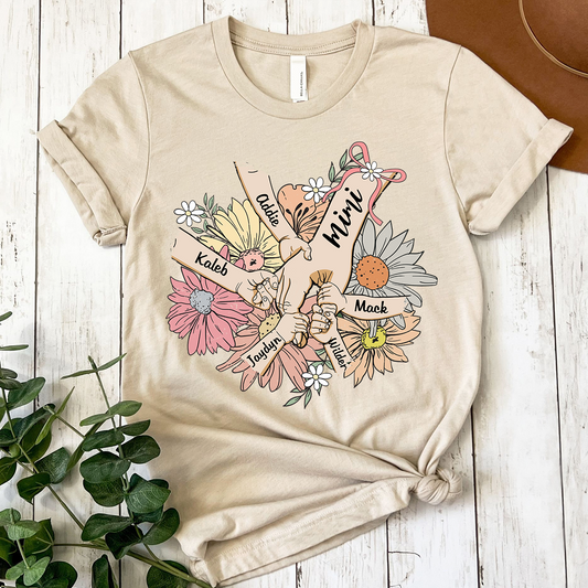 Custom Grandma Hand Retro flower Shirt, Personalized Nickname And Grandkids, Gift For Mother's Day