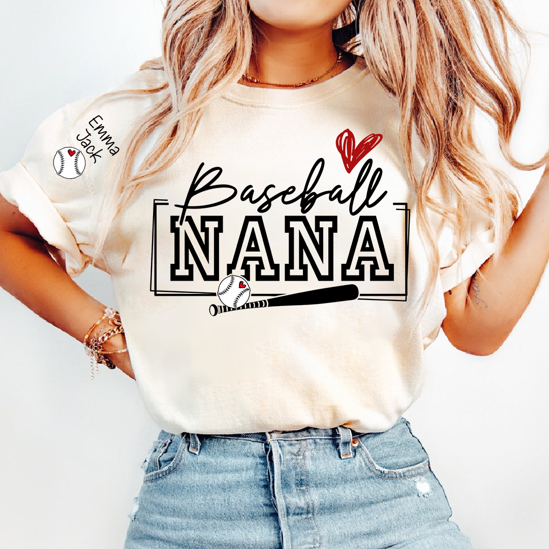 Proud Baseball Nana T Shirt, Personalized Family Sports Shirt with Bat and Heart Design