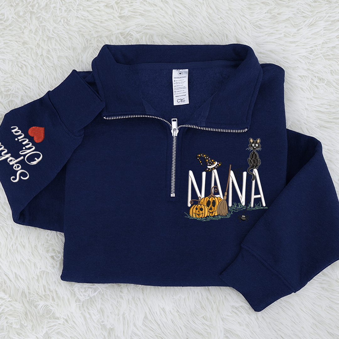 Personalized Nana Halloween Quarter Zip, Custom Embroidered Pumpkin Sweatshirt
