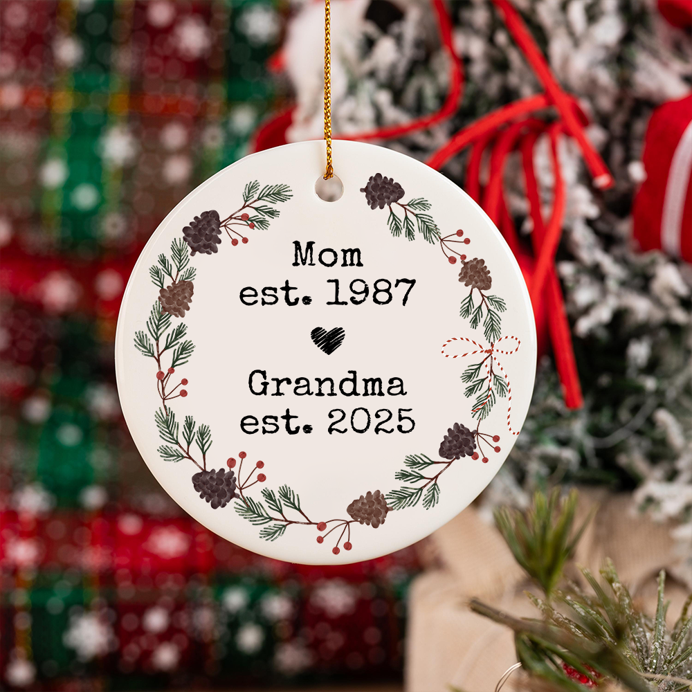 Personalized Mom And Grandma Ornament, Custom Established Year Christmas Wreath Decoration 2025