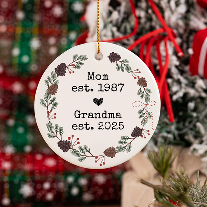 Personalized Mom And Grandma Ornament, Custom Established Year Christmas Wreath Decoration 2025