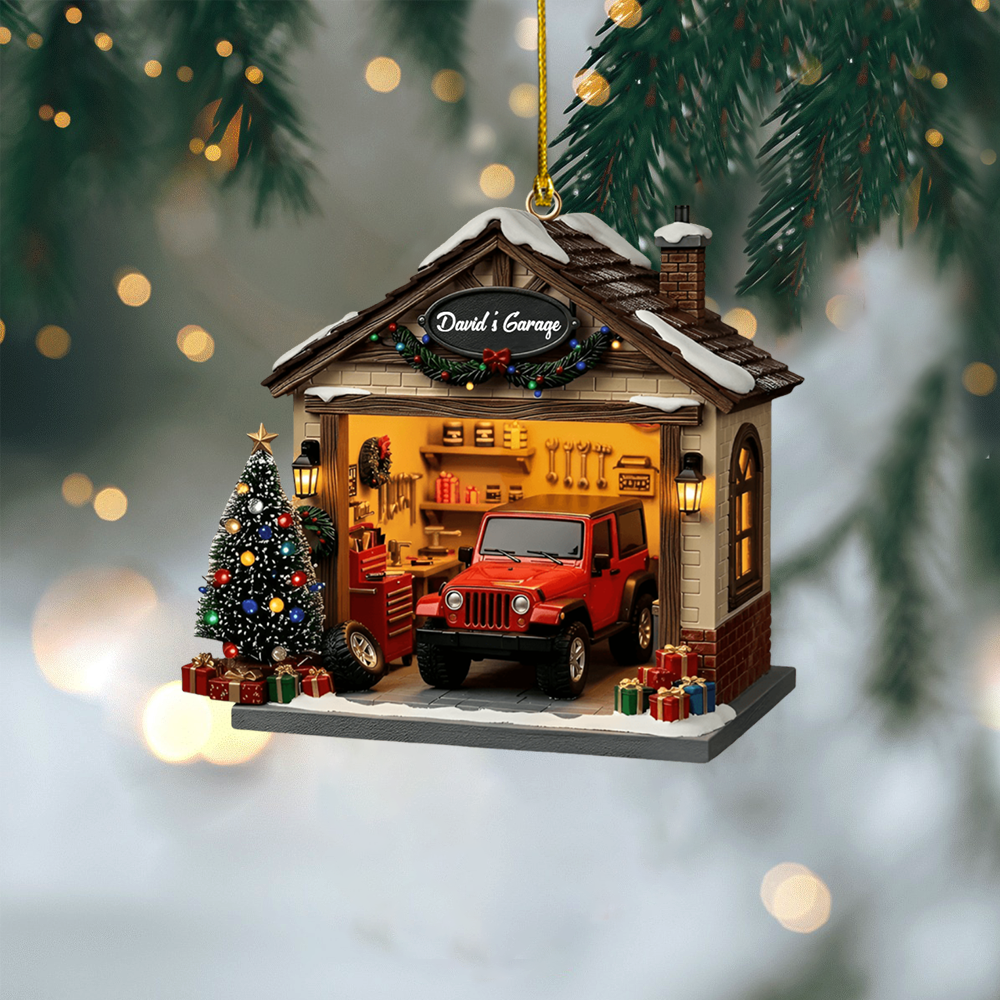 Personalized Garage Ornament – Custom Name Jeep Garage Christmas Decoration, Perfect Gift for Car Lovers Ornament