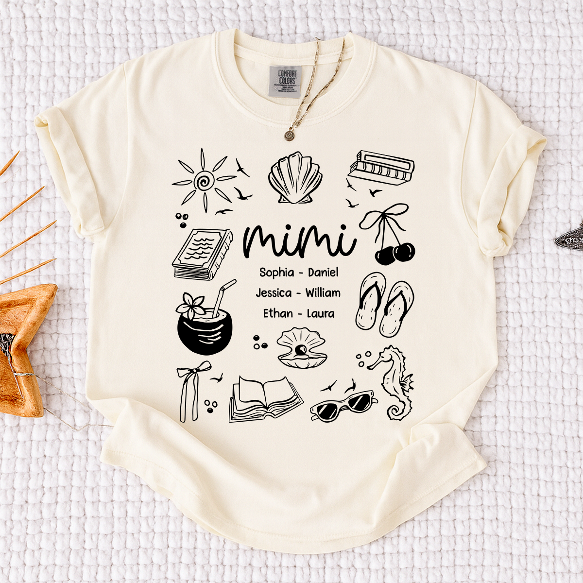 Comfort Colors Personalized Mimi Shirt with Grandkids Names, Custom Coastal Summer Tee, Beach Inspired Family Gift for Grandma and Mimi