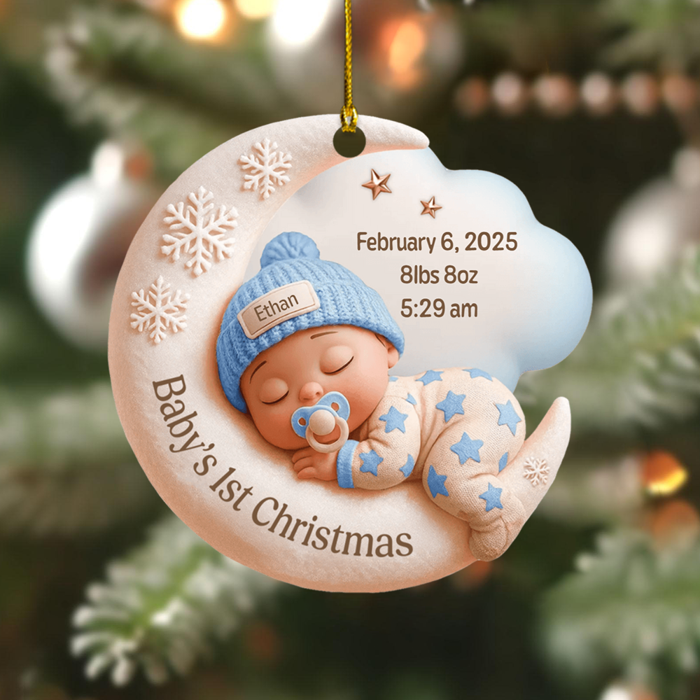 Personalized Baby’s First Christmas Ornament 2025 – Custom Name & Birth Stats Moon Design Keepsake Ornament