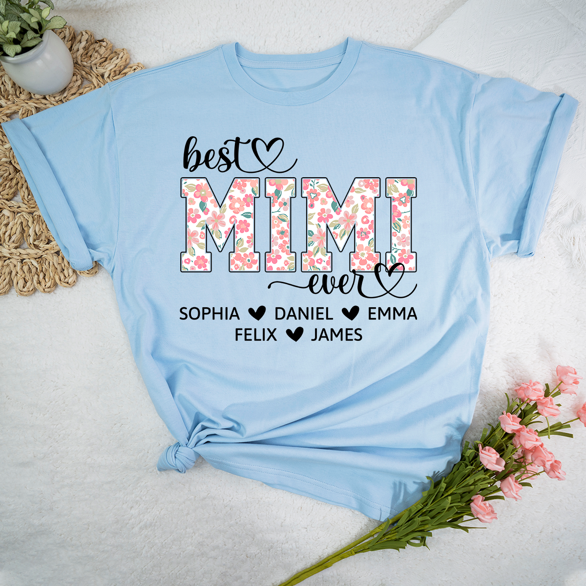 Best Mimi Ever Personalized T Shirt, Custom Floral Design with Grandkids Names