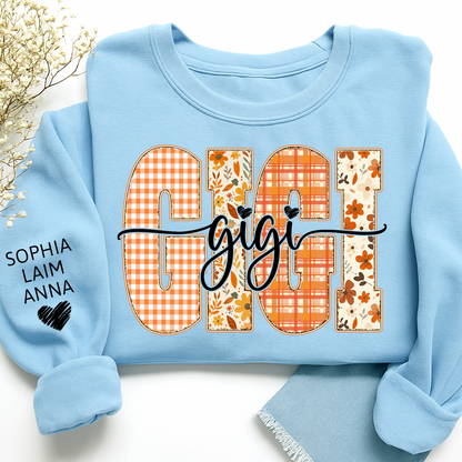 Personalized Gigi Crewneck for Grandma – Fall Colors with Kids' Names on Sleeve