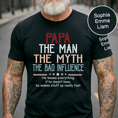 Personalized Papa The Man The Myth The Dad Influence Shirt, Custom Kids Names Sleeve Tee for Grandpa Dad Father Birthday Gift