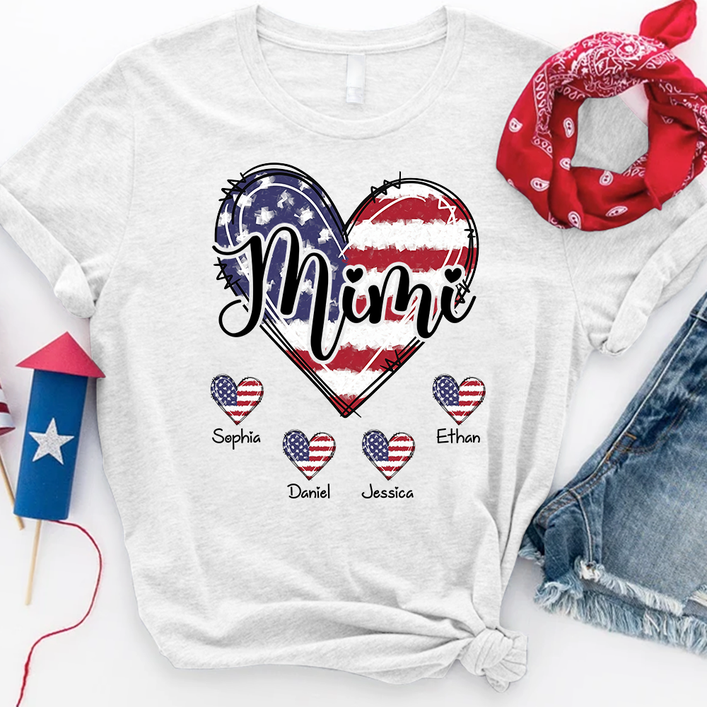 Custom Mimi Shirt with Grandkids Names American Flag Heart Design Personalized Family Name Tee