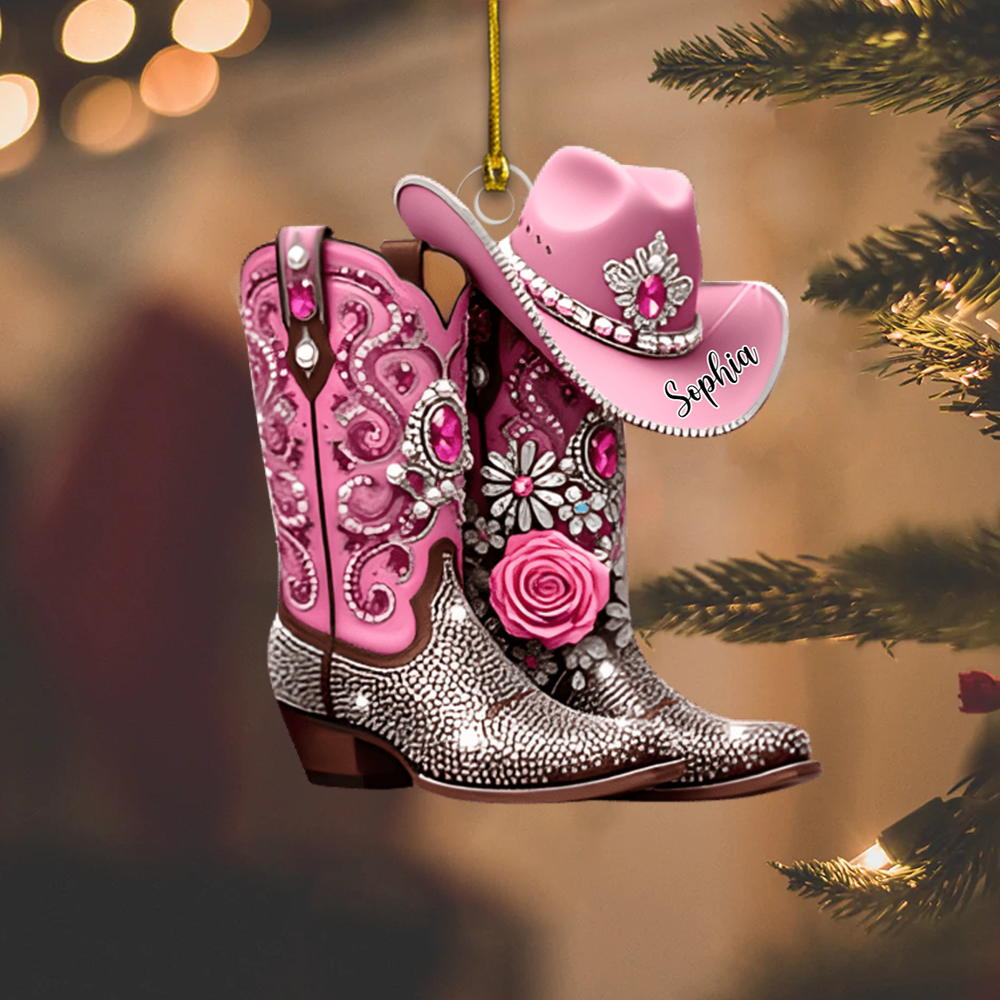 Custom Name Cowgirl Ornament 2025 – Personalized Pink Boots and Hat Decoration, Cute Gift for Rodeo Lovers & Western Fans Ornament