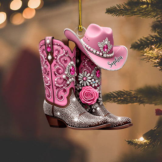 Custom Name Cowgirl Ornament 2025 – Personalized Pink Boots and Hat Decoration, Cute Gift for Rodeo Lovers & Western Fans Ornament
