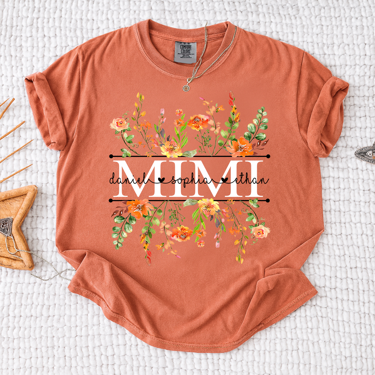 Comfort Colors Custom Mimi T-Shirt with Orange Wildflowers – Personalized Grandmother Gift Featuring Kids Names