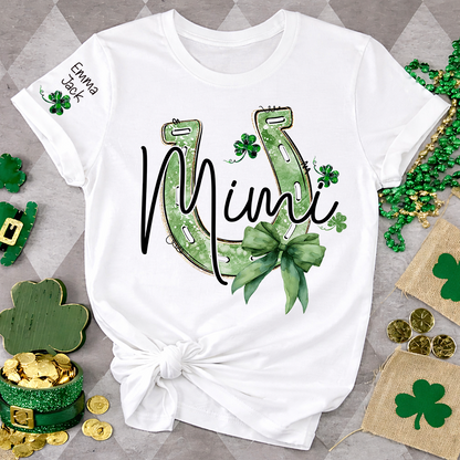 Mimi St Patrick’s Day Shirt, Lucky Horseshoe Shamrock Family T Shirt, With Grandma And Kids Names