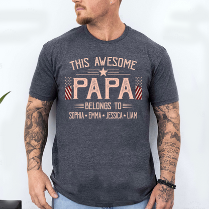Custom This Awesome Papa T Shirt, American Flag Graphic, Personalized with Family Names for Papa
