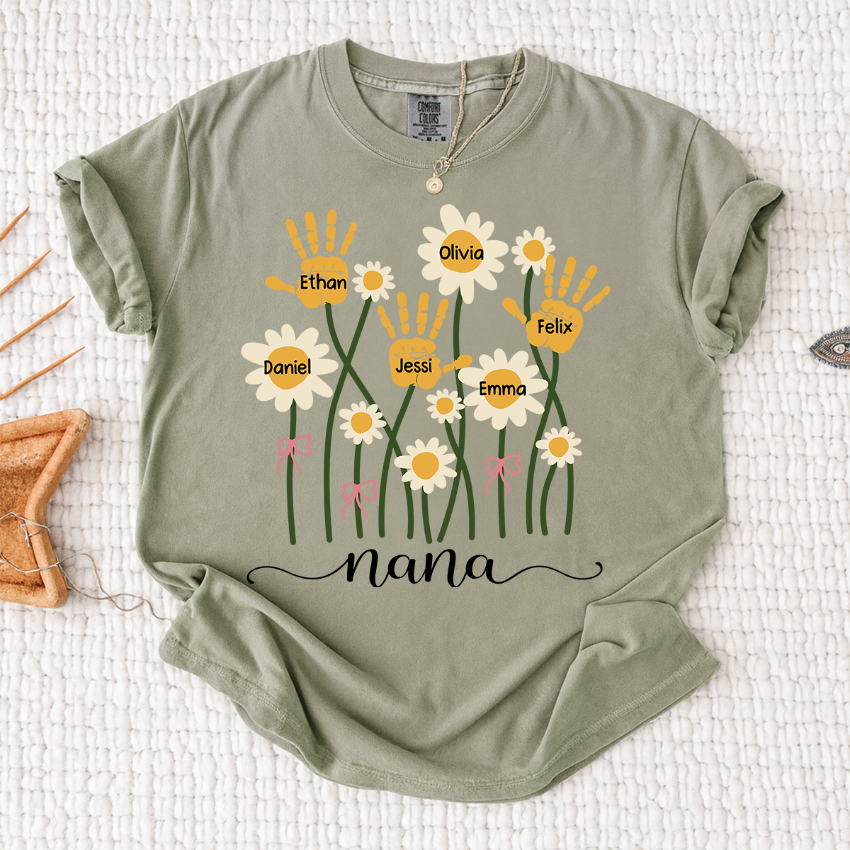 Comfort Colors Personalized Nana Shirt, Custom Handprint Daisy Flower Design, Grandkids Names Tee, Mother's Day Gift for Nana