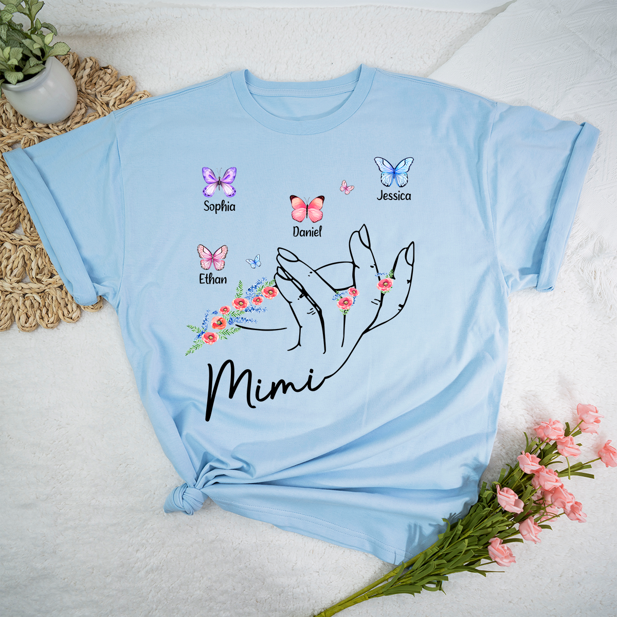 Personalized Mimi Shirt with Kids Names and Butterflies – Custom Grandma Gift with Hand Holding Design