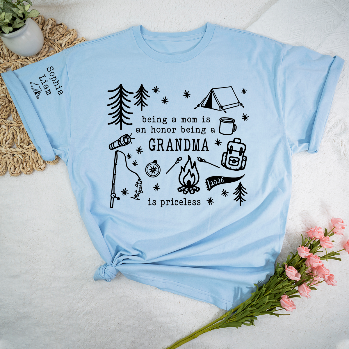 Personalized Camping Grandma Shirt, Custom Grandkids Names Sleeve Tee, Being a Mom Is an Honor Being a Grandma Is Priceless