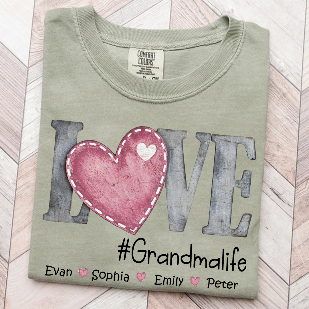 Comfort Colors®'s Personalized Grandma Life T Shirt With Kids Names, Love Heart Graphic Shirt for Nana Mimi Gigi Grandma, Custom Family Name Tee, Soft Casual Everyday Wear
