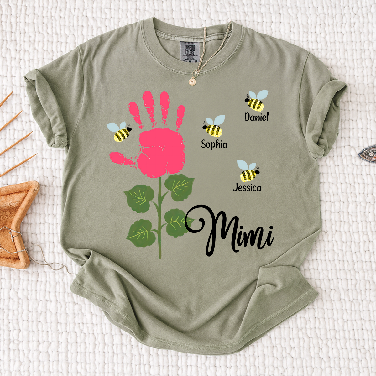 Comfort Colors Personalized Mimi Shirt, Custom Family Names with Handprint Flower Design and Bees, Perfect Gift for Mimi
