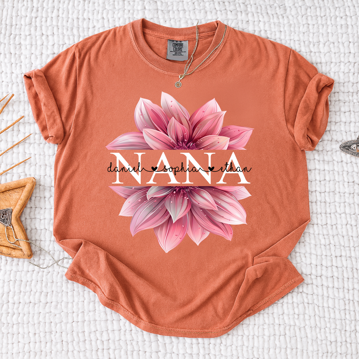 Comfort Colors Personalized Nana Shirt with Pink Lotus Flower Design, Custom Gift for Grandma with Grandkids Names