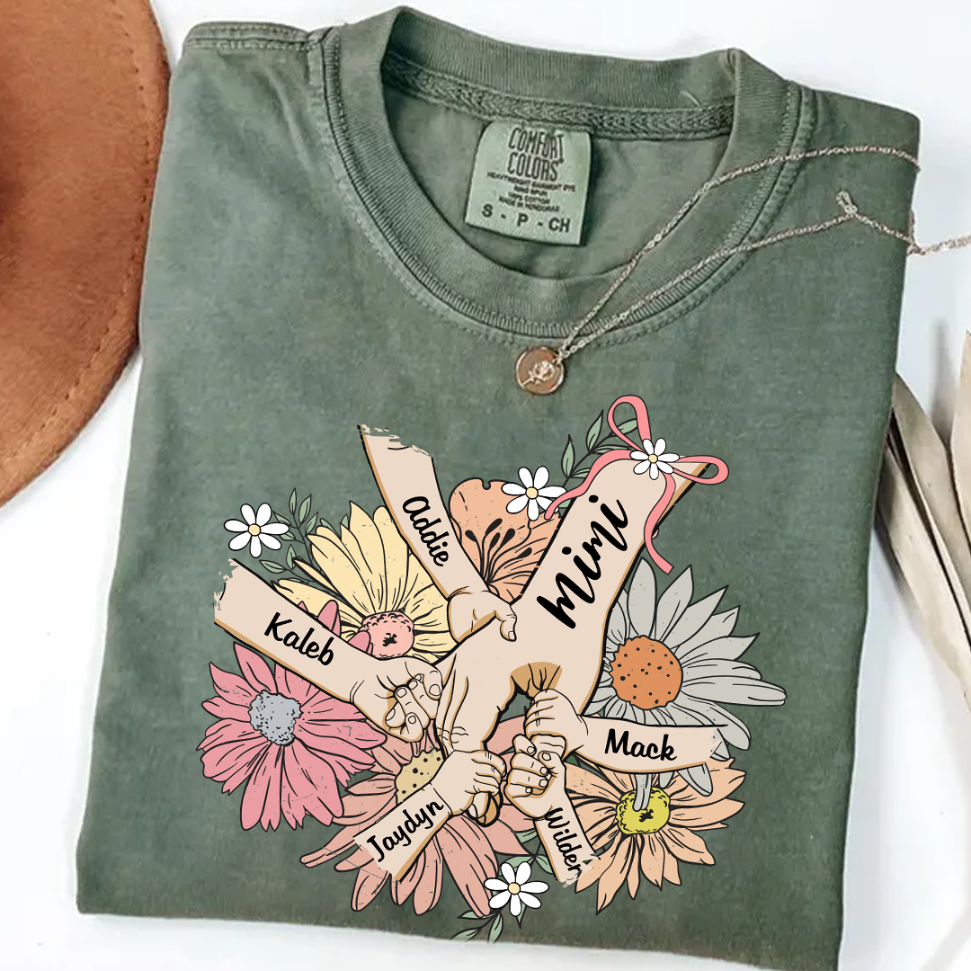 Comfort Colors® Grandma Hands Retro Floral T-Shirt, Custom Grandma With Grandkids Shirt