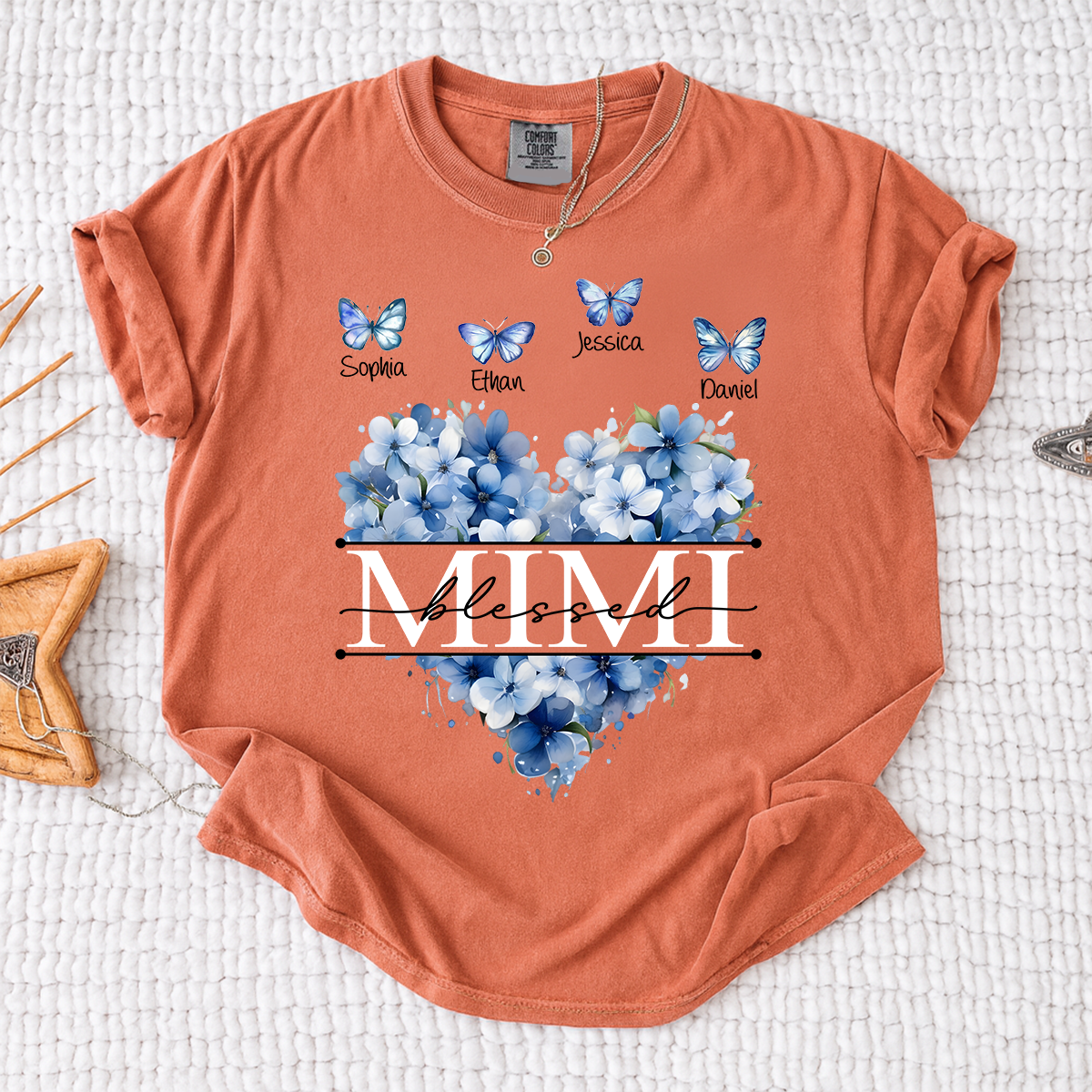Comfort Colors Blessed Mimi T Shirt, Personalized with Kids Names, Heart Shaped Floral Design with Butterflies, Perfect for Mimi