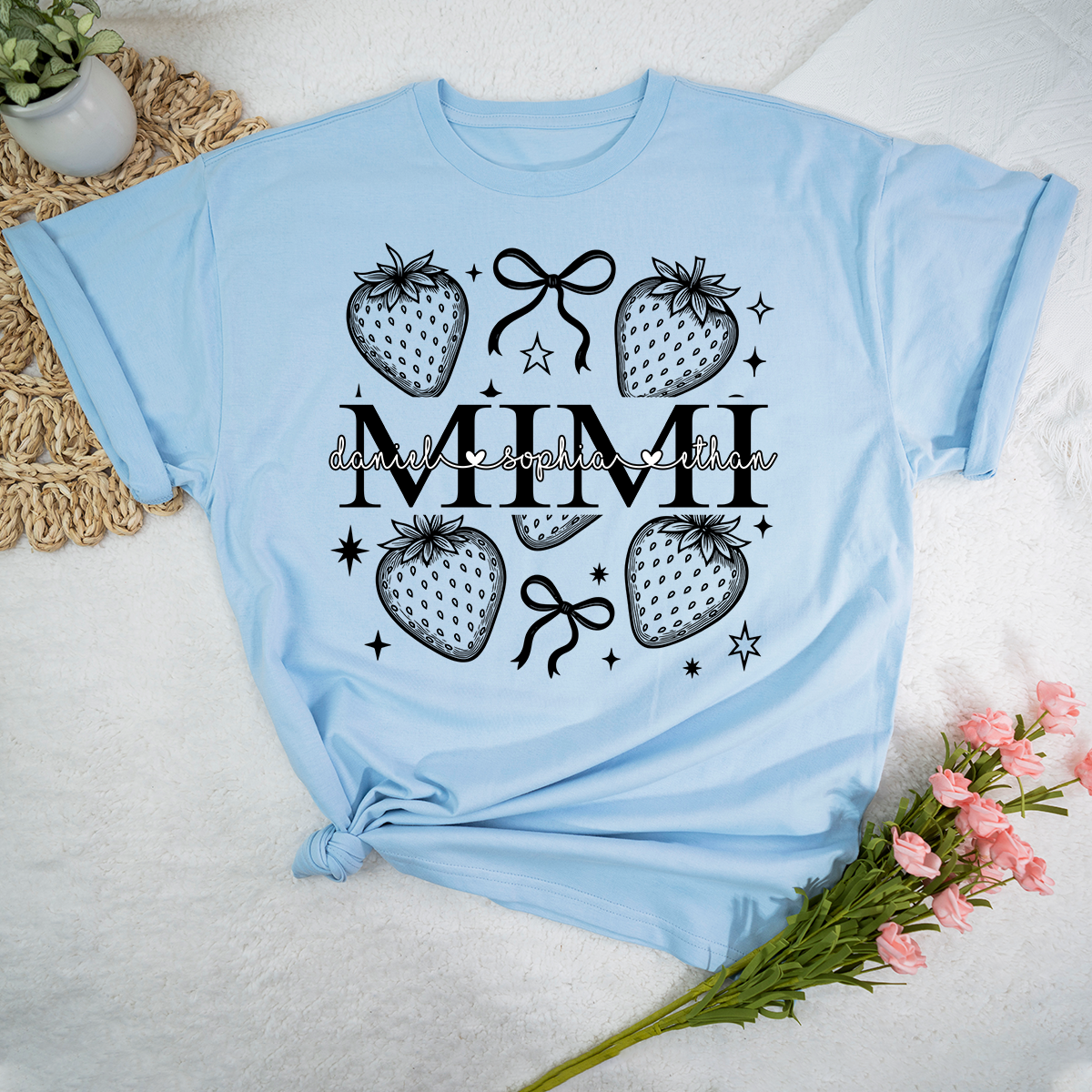 Personalized Mimi Strawberry Shirt, Custom Grandkids Names Floral Bow T-Shirt, Cute Grandma Gift, Summer Fruit Apparel
