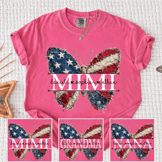 Comfort Colors Personalized Mimi Patriotic Butterfly Shirt Custom Grandma Nickname Tee With Grandkids Names Vintage American Flag Butterfly Graphic Nana Gigi Grandma Family 4th of July Apparel