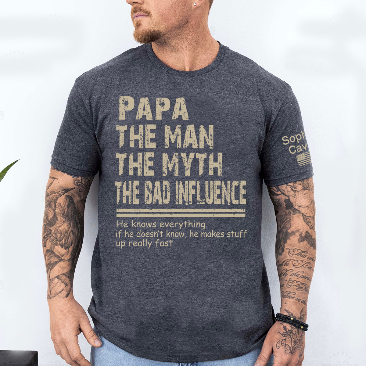 Papa The Man The Myth The Bad Influence Shirt, Funny Dad Grandpa Tee, Personalized Papa Shirt with Name on Sleeve, Gift for Father