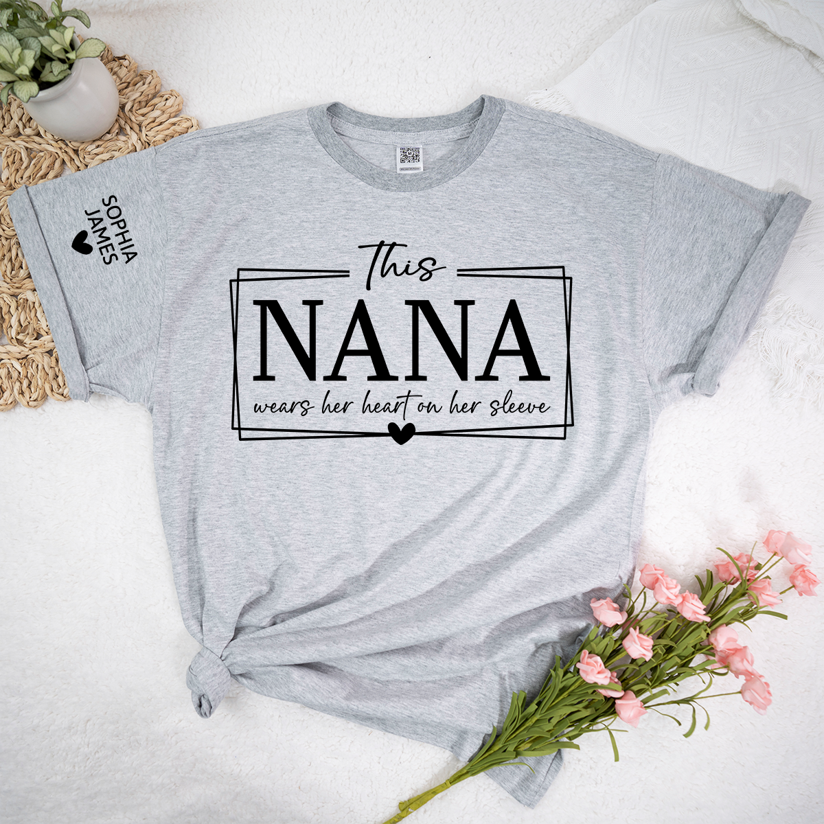 This Nana Wears Her Heart on Her Sleeve Shirt, Personalized Grandma TShirt, Cute Family Apparel for Women, Meaningful Nana Clothing