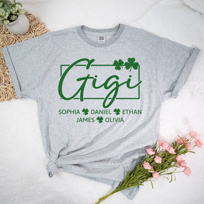 Personalized Gigi Shirt St Patricks Day Shamrock Design, Custom Grandma Shirt With Kids Names