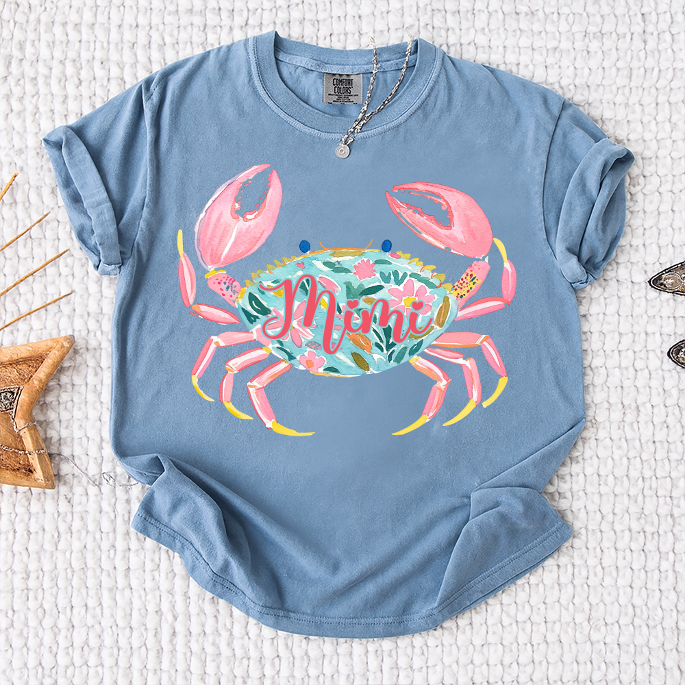 Comfort Colors® Personalized Mimi Crab Shirt, Custom Grandma Beach Shirt, Cute Floral Crab Summer Tee, Ocean Vacation Gift for Mimi Nana Gigi, Birthday Mothers Day Shirt