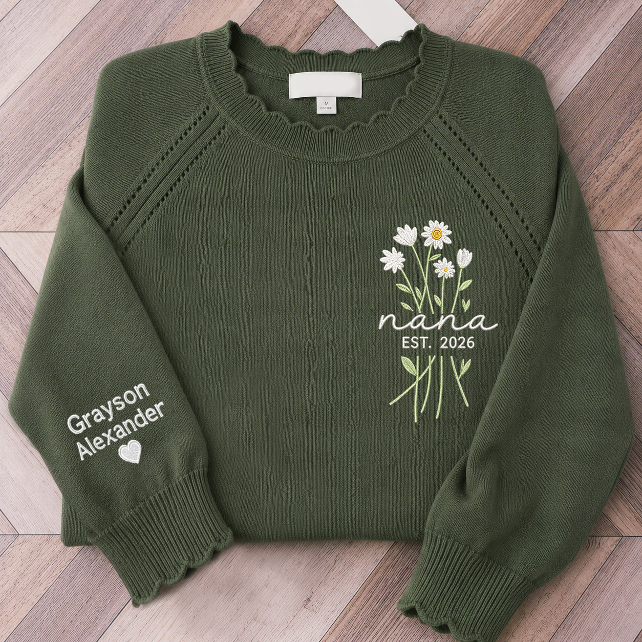 Custom Embroidered Knit Nana Sweater – Personalized Floral EST. 2026 Crewneck with Sleeve Name