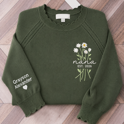 Custom Embroidered Knit Nana Sweater – Personalized Floral EST. 2026 Crewneck with Sleeve Name