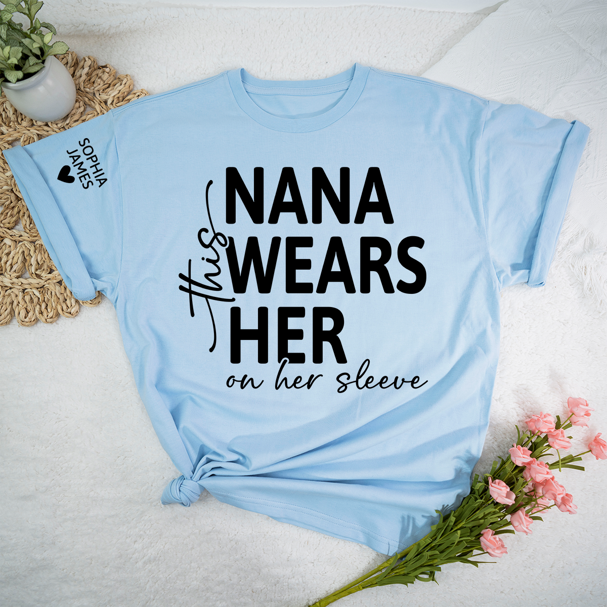 Personalized Nana Shirt, This Nana Wears Her Heart on Her Sleeve, Custom Grandma T-Shirt for Women