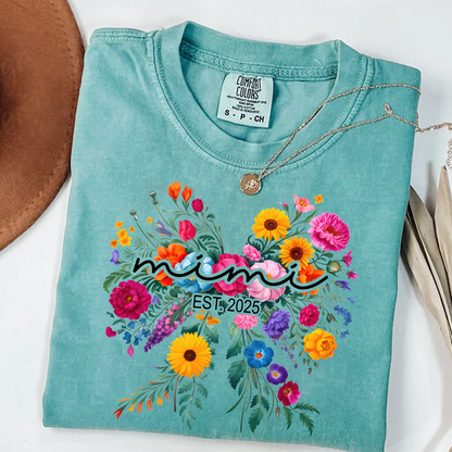 Comfort Colors® Mimi Bow Flower Est T-Shirt, Custom Grandma With Grandkids Shirt