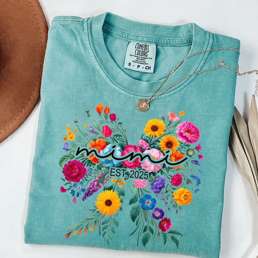 Comfort Colors® Mimi Bow Flower Est T-Shirt, Custom Grandma With Grandkids Shirt