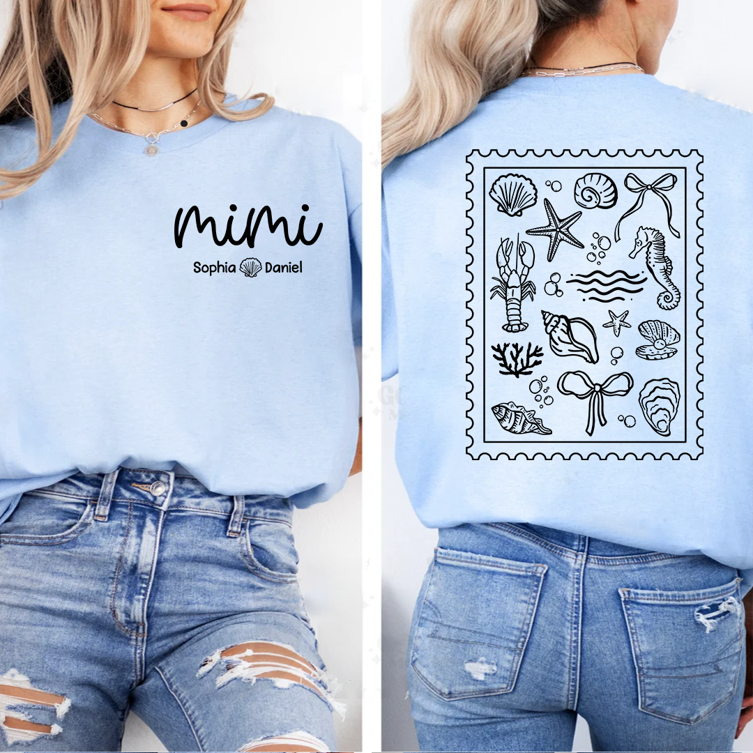 Custom Mimi Shirt with Grandchildren Names, Coastal Seashell Stamp Design Back Print Tee, Beach Lover Gift for Women