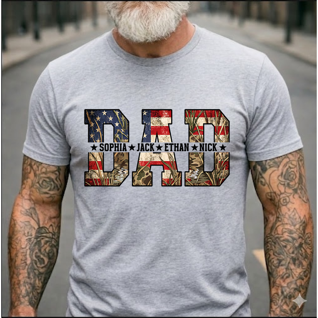 Personalized Dad T-Shirt – Custom KidNames Patriotic USA Gift for Daddy Papa