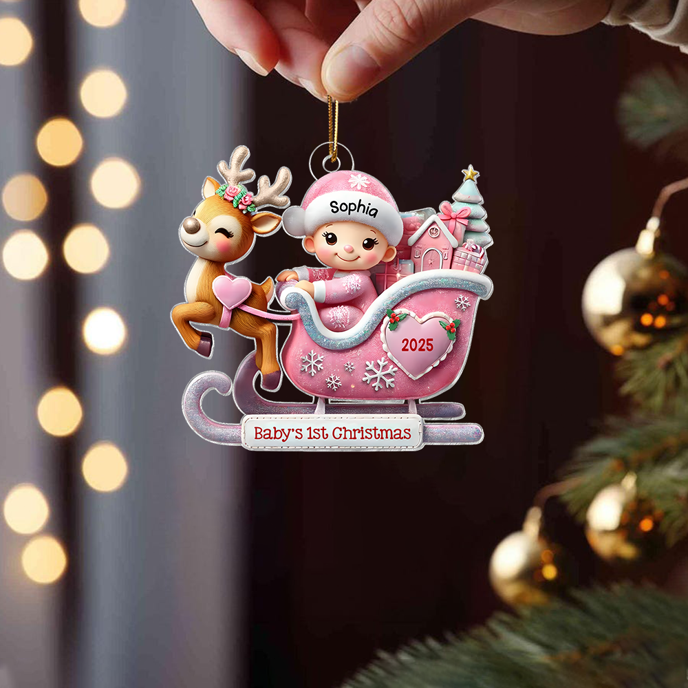 Personalized Baby’s First Christmas Ornament 2025 – Custom Name Reindeer Sleigh Ornament for Newborn Boys & Girls