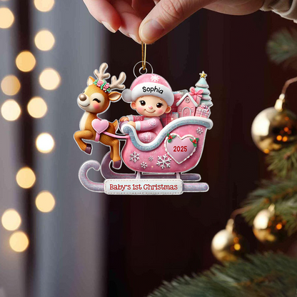 Personalized Baby’s First Christmas Ornament 2025 – Custom Name Reindeer Sleigh Ornament for Newborn Boys & Girls