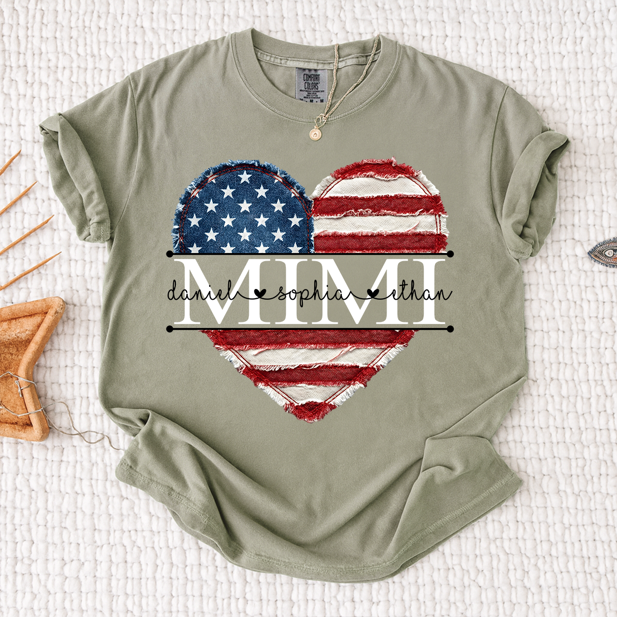 Comfort Colors Mimi Shirt with USA Flag Heart, Personalized with Kids Names, Custom Grandmother T Shirt, Ideal for Mother's Day, Patriotic Gift