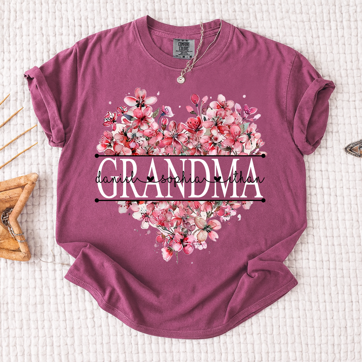 Comfort Colors Floral Heart Grandma Shirt, Custom Family Names and Heart Floral Design T Shirt
