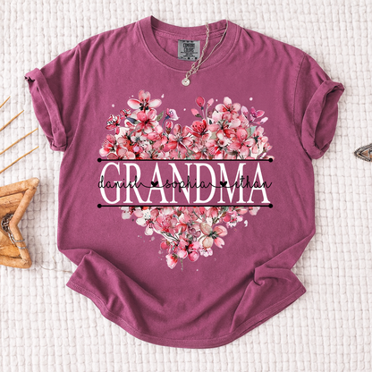 Comfort Colors Floral Heart Grandma Shirt, Custom Family Names and Heart Floral Design T Shirt