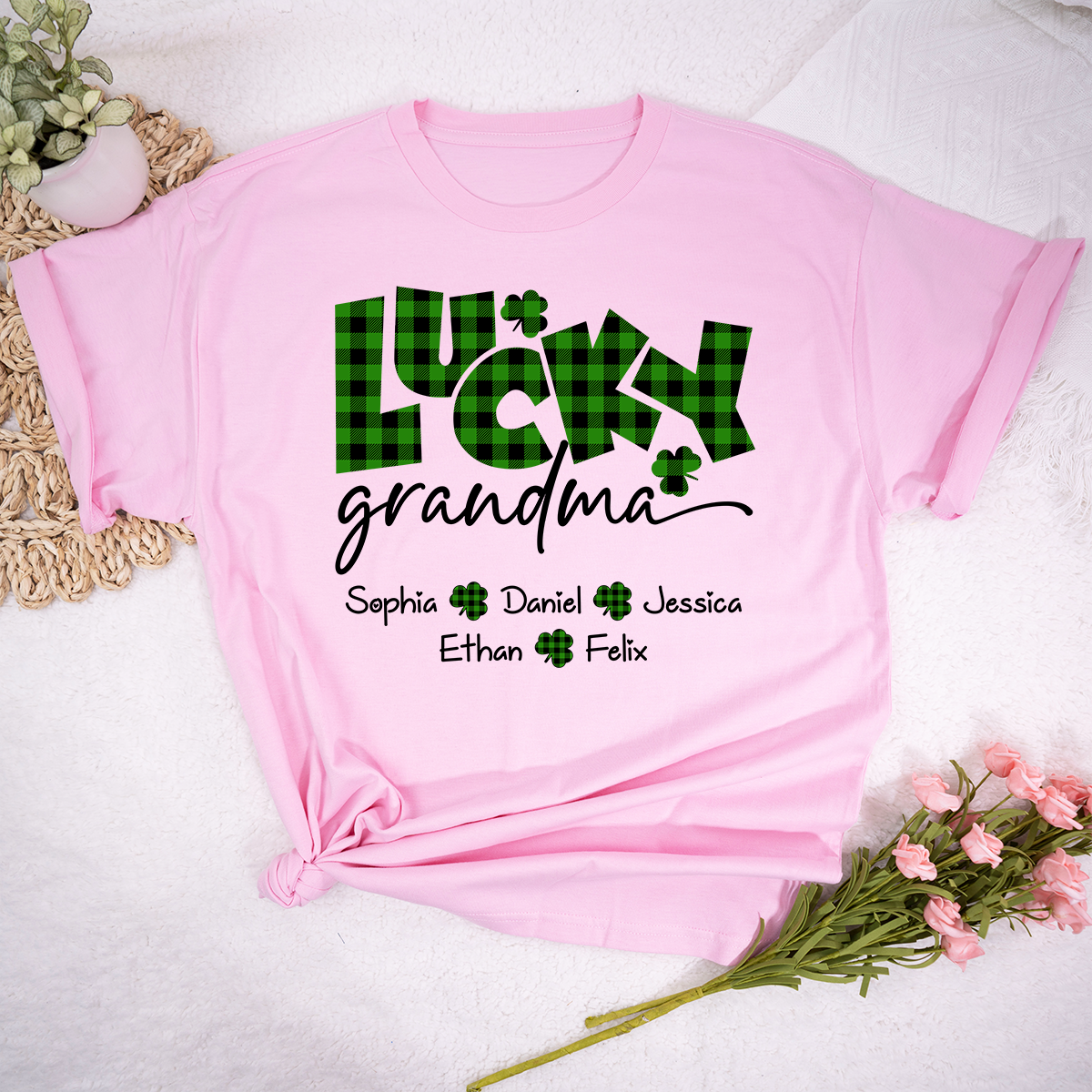 Lucky Grandma Personalized Shirt Clover Shamrock Artwork Custom Family Names St Patrick’s Day Celebration Tee