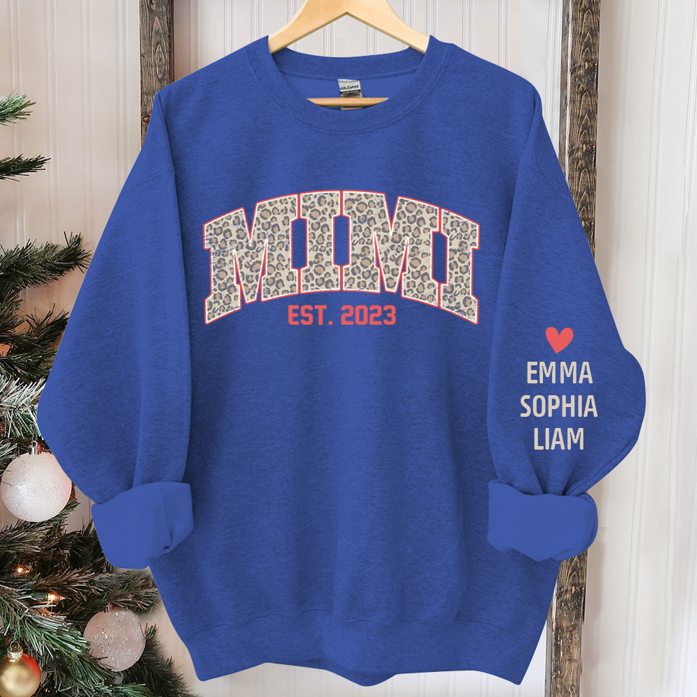 Mimi Leopard Christmas Sweatshirt, Custom Mimi Est And Kids, Grandma Gift TH Sweatshirt