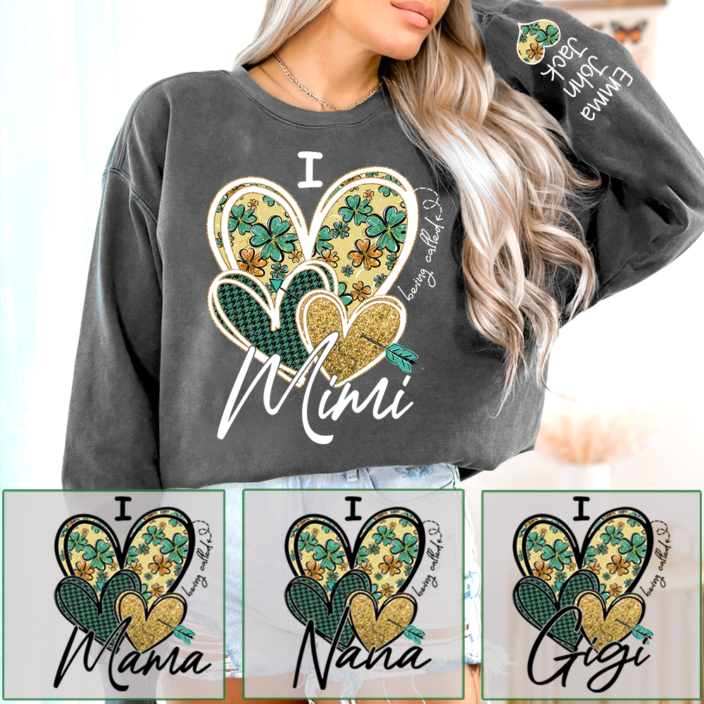 I Love to Be Called Mimi Heart Design Sweatshirt For St. Patrick's Day, Personalized Clover Design Sweatshirt for Grandma with Grandchildren's Names