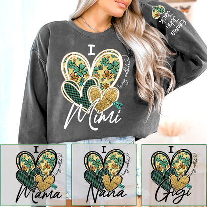 I Love to Be Called Mimi Heart Design Sweatshirt For St. Patrick's Day, Personalized Clover Design Sweatshirt for Grandma with Grandchildren's Names
