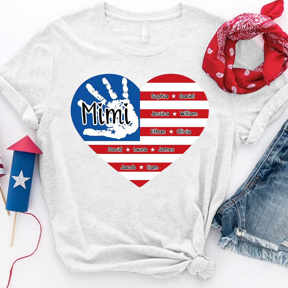 Mimi Custom T Shirt with Family Names, American Flag Heart and Handprint Design, Ideal Gift for Mimi