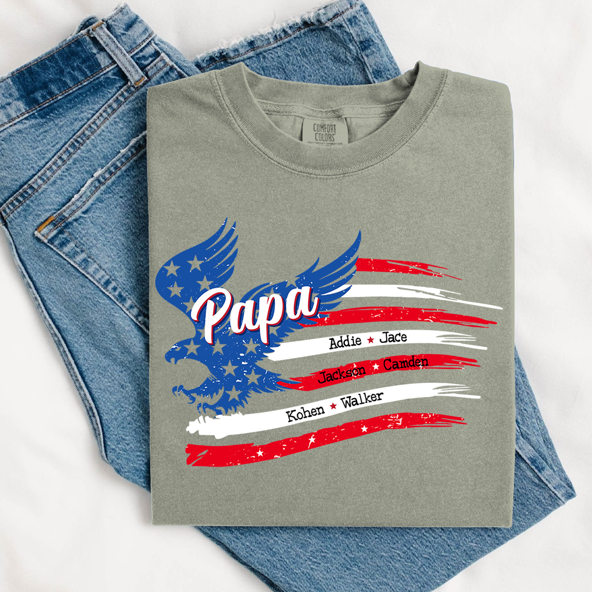 Comfort Colors® Personalized Papa Shirt, Eagle with Grandkids name Hands Flag T-Shirt, Custom Shirt for Fathers Day