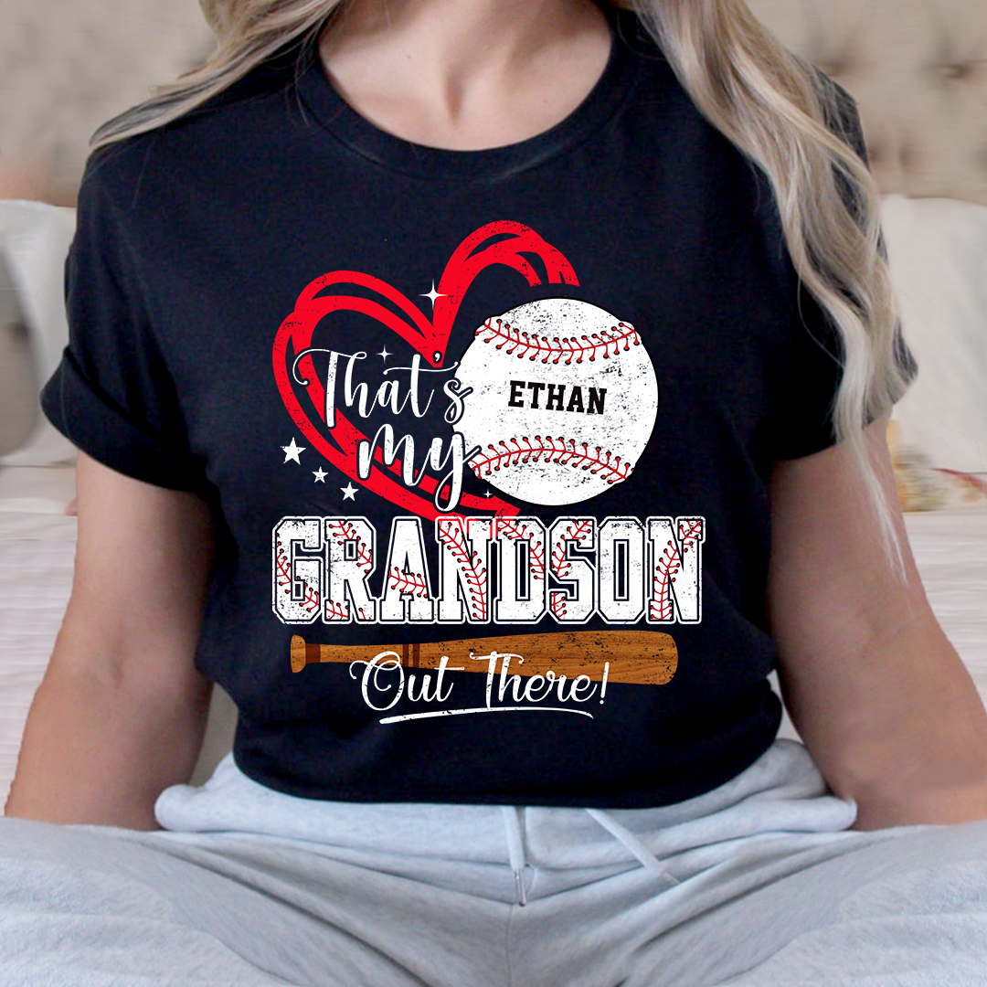 That’s My Grandson Out There Baseball Shirt, Personalized Sports Family T Shirt with Custom Name